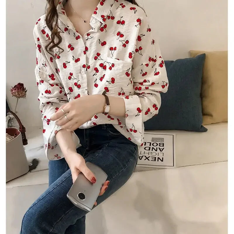 Plus Size Women's Cherry Print Long Sleeve Shirt Loose Fit Base Layer Top For Spring And Autumn 2024 New Style Clothing