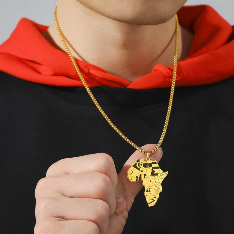 My Shape Africa Map Pendants Necklaces Africa Countries Flags Necklace Box Chain for Men Stainless Steel Male Jewelry Women Gift