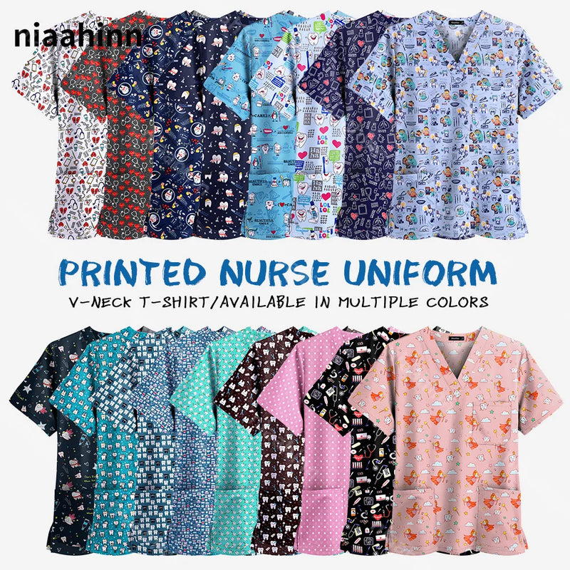 Medical Uniform Tops for Women Medical Print V-Neck Clinical Uniform T-shirts Short Sleeved Pocket Tops Surgical Uniforms Woman