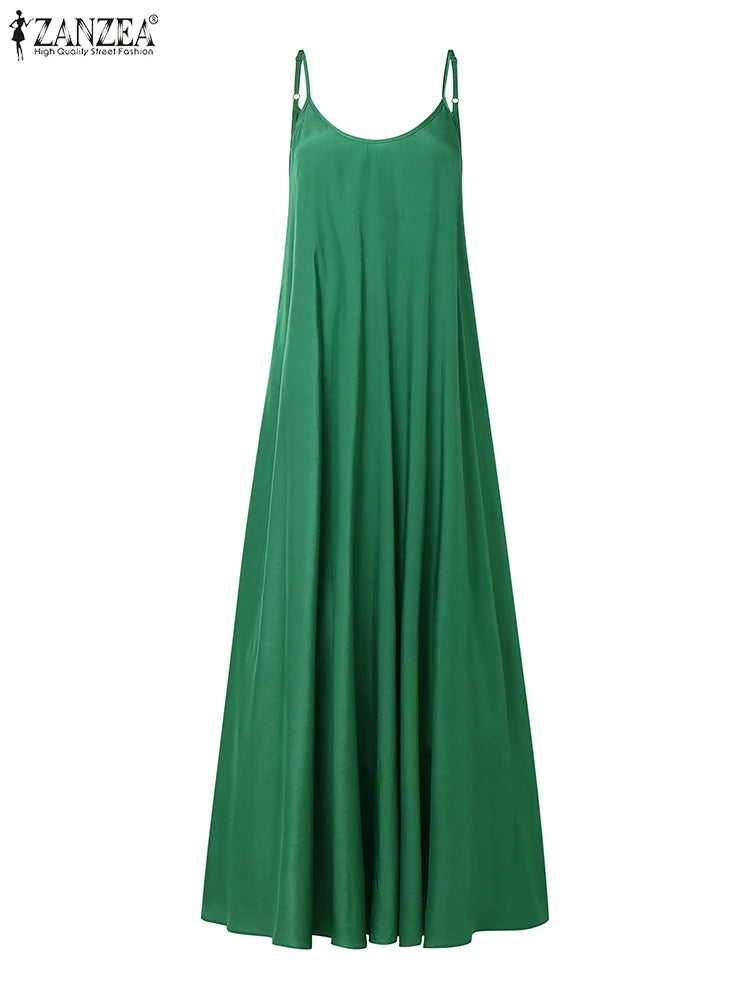 ZANZEA Sleeveless 2025 Summer A-Line Robes Femme Casual Vacation Woman Spaghetti Straps Sundress Day Wear V-Neck Maxi Dresses