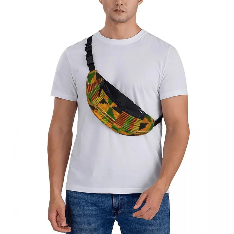 African Kente Cloth Design Fanny Pack for Men Women Africa Ethnic Pattern Crossbody Waist Bag Cycling Camping Phone Money Pouch