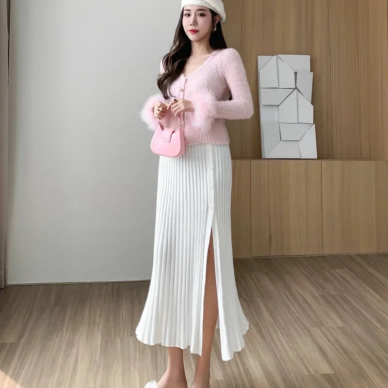 New Fashion Knitted Pleated Skirts Women 2024 Autumn Winter High Waist A Line Faldas Korean Sexy Mid Length White Black Skirt
