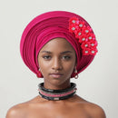Vermelho Multi-Layered chapéu de turbante, Africano Fan Shaped cabeça Wraps, Headwear plissado com Cristal, Nigéria Headtie, Auto Gele, Casamento