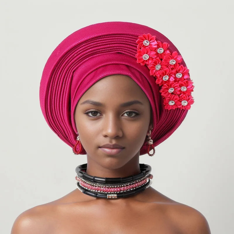 Vermelho Multi-Layered chapéu de turbante, Africano Fan Shaped cabeça Wraps, Headwear plissado com Cristal, Nigéria Headtie, Auto Gele, Casamento
