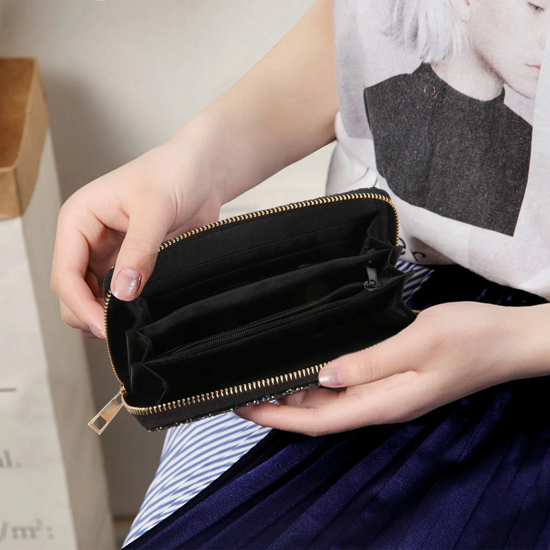 Premium Pu Polyester Glitter Long Wallet Women Zippered Shiny Multi Pocket ganizer Metallic Purse Handbag Storage Case Gift For