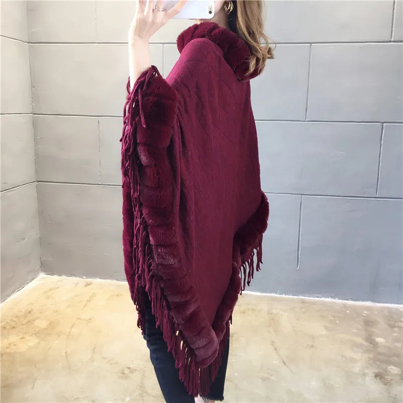 Autumn Winter Imitation Rabbit Fur Women's Coat Imitation Wool Collar Pullover Shawl Warmth Poncho Capes Red Cloaks