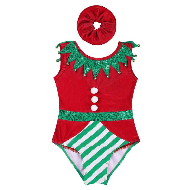 Girl Christmas Gymnastic Leotards with Headband Outfit Sleeveless Ballet Dance Bodysuit Xmas Elf Costume Xmas Athletic Dancewear