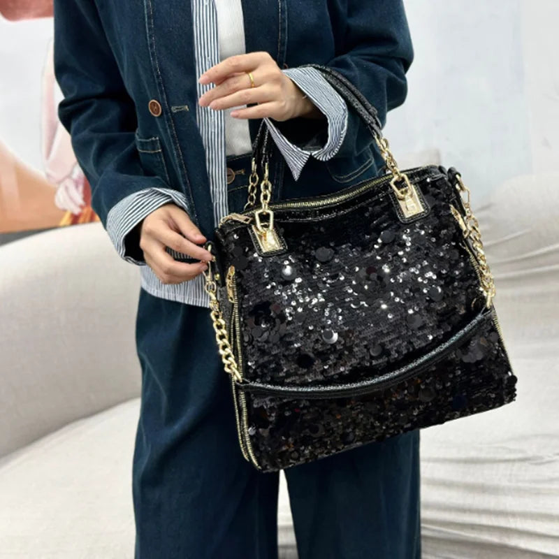 New sequin handbag Korean version of fashion senior women's bag large capacity soft leather bead single shoulder crossbody bag