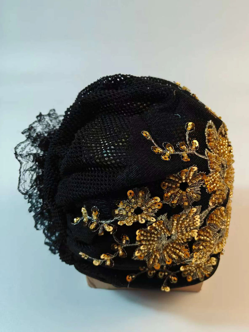 African Female Wrap Head Bonnet Muslim Turban Hat Lady Head Wraps Glitter Luminescence Beading Pleated Turban Cap for Women