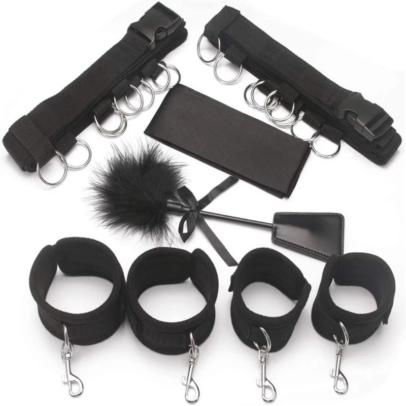 Conjunto bdsm de brinquedo, algemas sexuais para casal, kit adulto, algema sexual bdsm, venda, strapon, cama, bondage, escravo, sadomasochismo