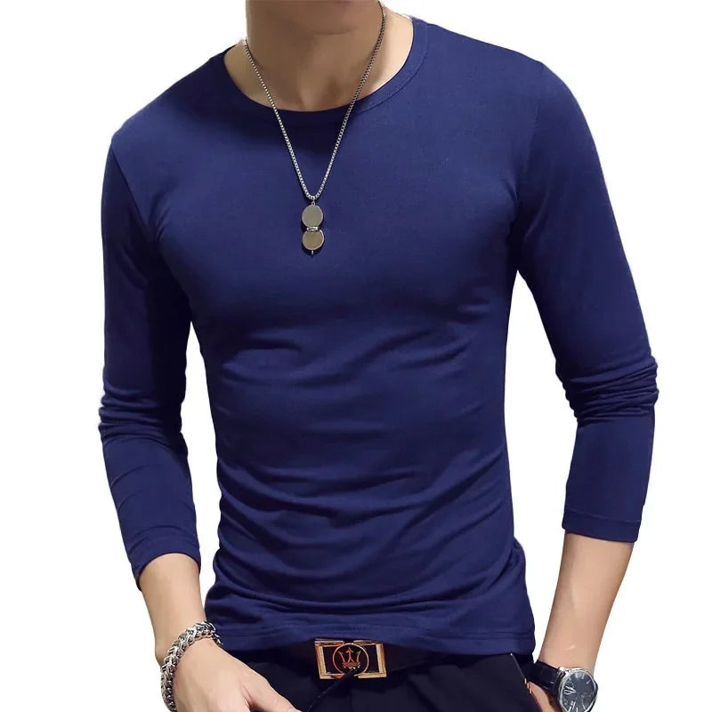 2023 Men's Long Sleeve T-shirts Loose-Fit Solid Color V-Neck Base Layer Top Thin Style Autumn Clothing