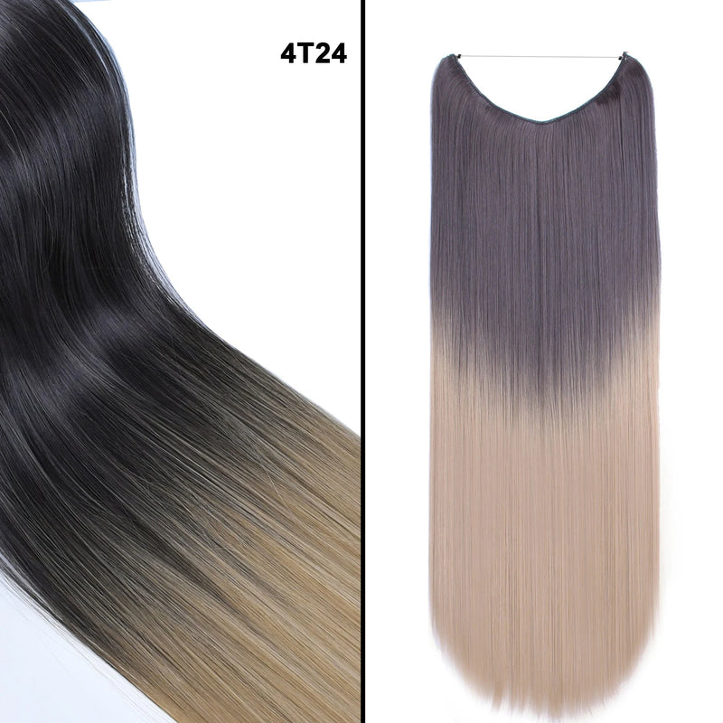 Jeedou One Piece Synthetic Hair Extension No Clips Whit Invisible Line Straight&Wavy Hair Hairpieces Brown Blue Ombre Color