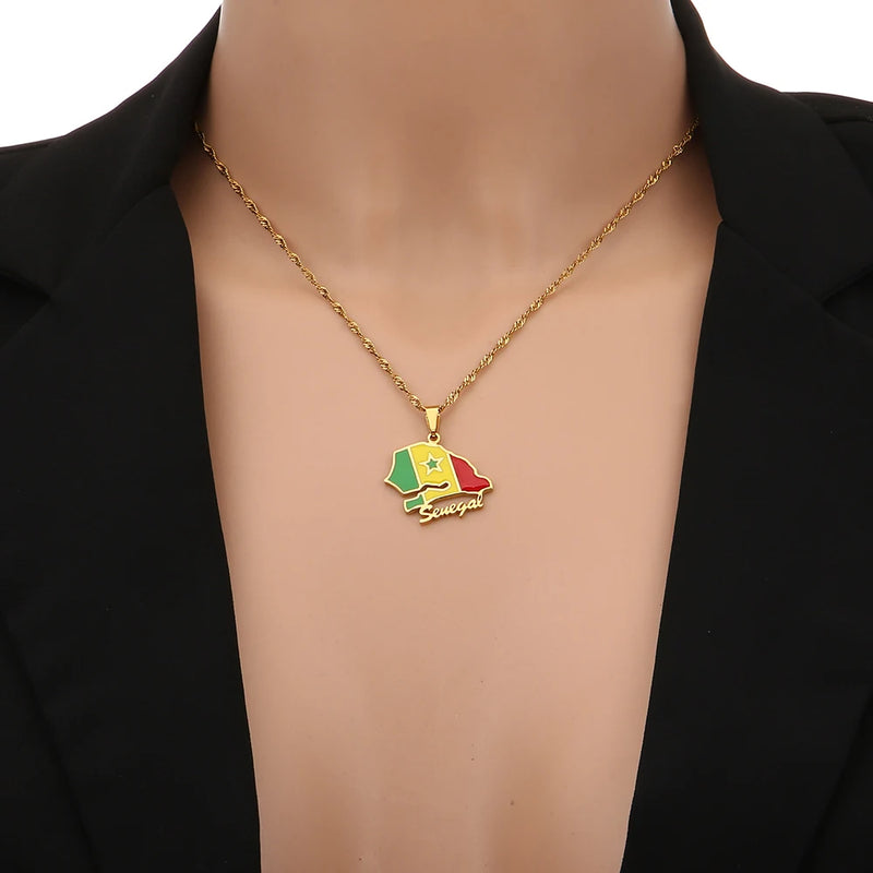 African Sénégal Map Flag Pendant Necklace Stainless Steel Men Women Senegal Maps Jewelry Gift