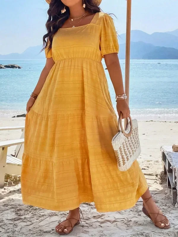 Plus size 1xl-5xl nova moda feminina pescoço quadrado vestido de cor sólida senhoras casual a linha saia de manga curta vestido longo