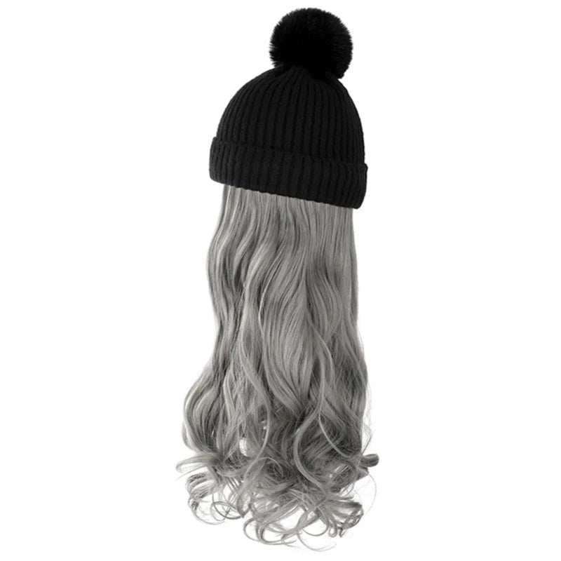 Fashion Hat Wig Brimless Cap with Long Curly Wave Hair Extensions Knitted Synthetic Removable Hairs Piece for Women Winter Use