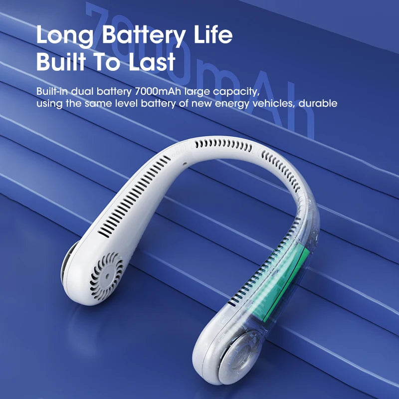 Ventilador de pescoço pendurado recarregável USB Mini banco de potência portátil sem folhas embutido para viagens, esportes, escritório doméstico