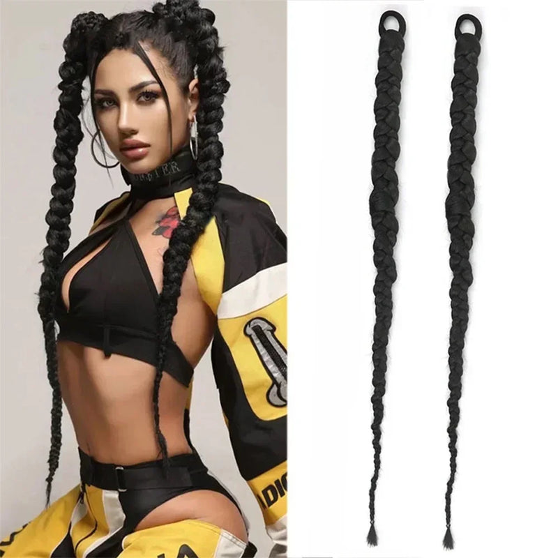 synthetic wig 2Pcs Hip-Hop Women Black Braided Twisted Ponytail Wig Long Braid Extensions Girls Hair Accessories