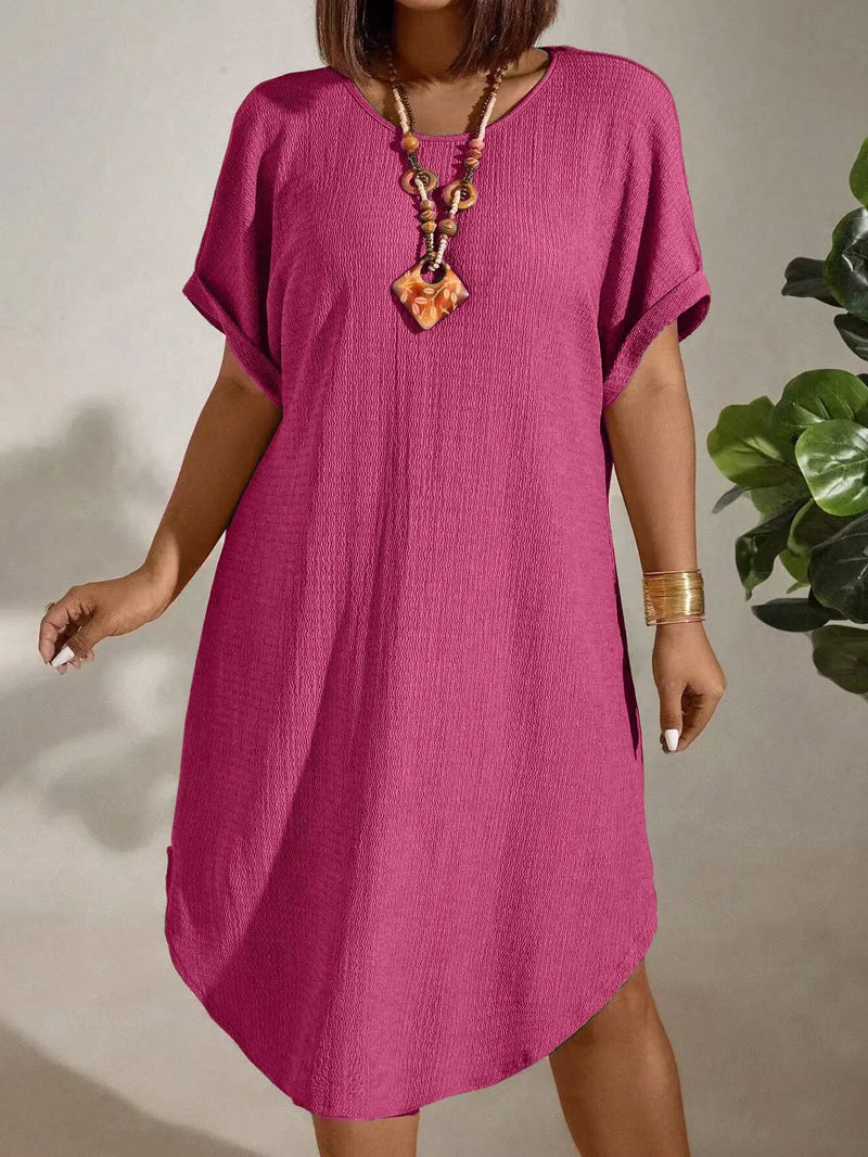 Roupas femininas europeias e americanas de tamanho grande 2025 verão novo vestido de cor sólida de manga curta tamanho grande