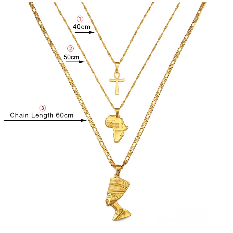 Anniyo 3pcs Necklaces Together Ankh Nefertiti Africa Map Pendant Gold/Silver Color Birthday Party Ethnic Jewelry Women
