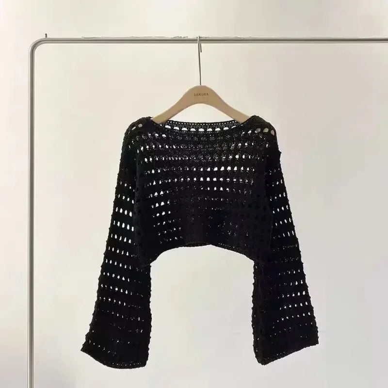 Women Crochet Knit Hollow Out Crop Top Long Sleeve Shrug Sweater Mesh Cover Ups Cardigan Streetwear Pullover Women Clothes Y2k