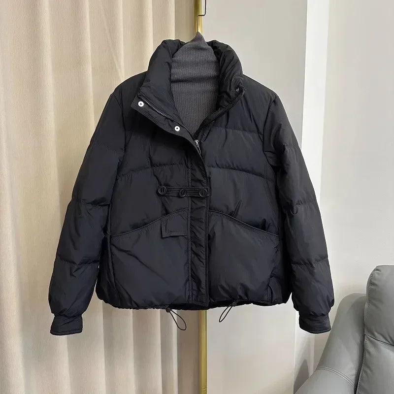 2024 New Winter Standing Neck Loose White Duck Down Warm Jacket Women Buttons Solid Color Warm Casual Fashion Puffer Bread Coat