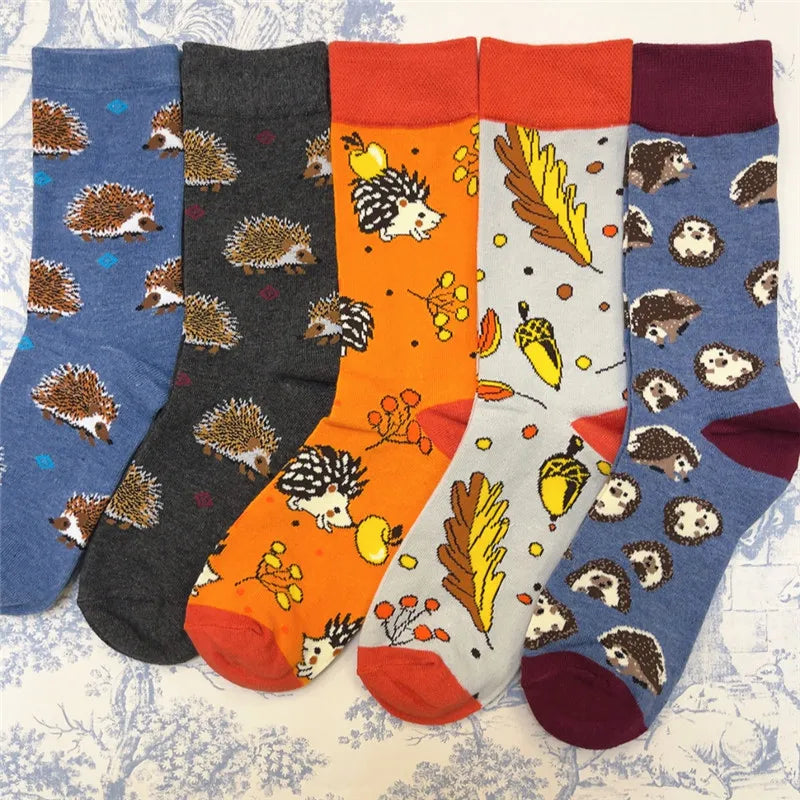 1Pair Adult Size Mid Calf Crew Cartoon Hedgehog Cottton Unisex Socks British Style Casual Harajuku Forest Animal Art Couple Fun