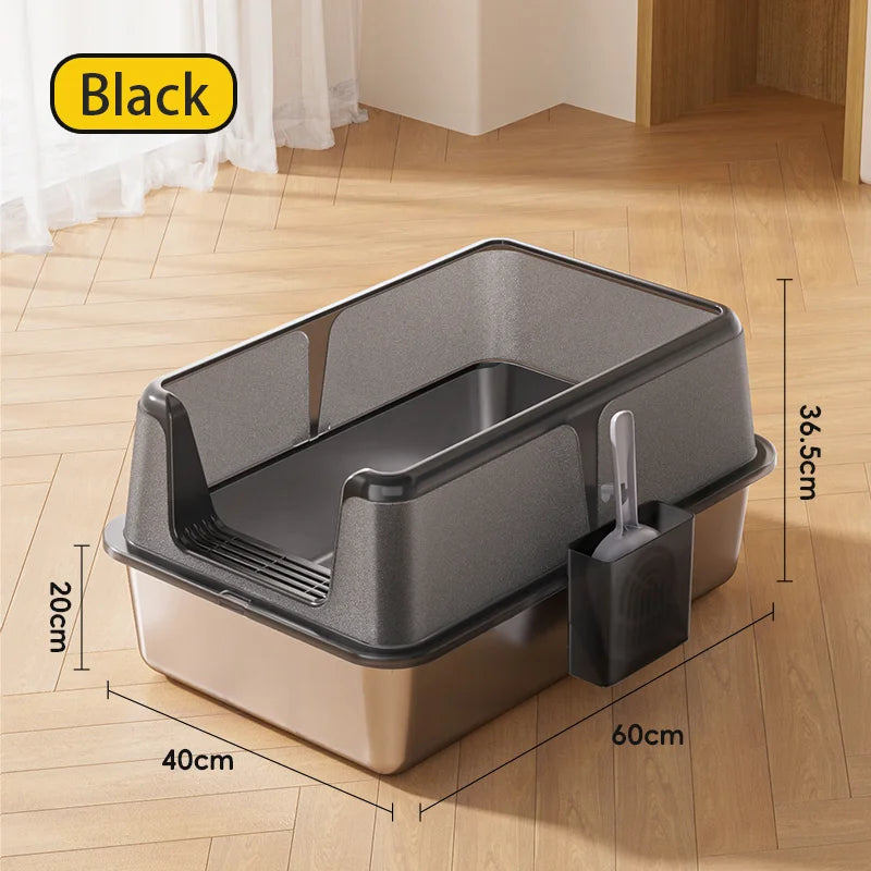 Black Extra Large High Fence Stainless Steel Cat Little Box Easy to Clean Suitable for large and small cats Arenero Para Gato
