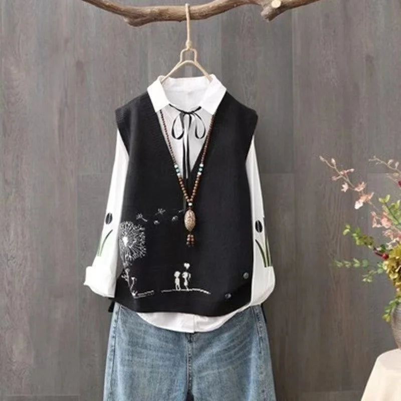 Artistic Knitted Sweater Vest Women's Faionable Yarn Top V-ne Button Detail Regular Length Pure Color Commute Sle