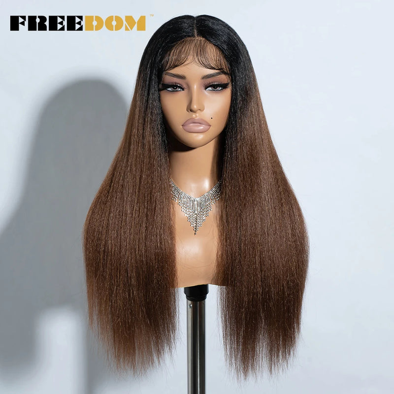 FREEDOM Yaki Straight Synthetic Lace Front Wigs For Women 26" Ombre Brown Blonde Lace Wig Heat Resistant Clearance Cosplay Wig