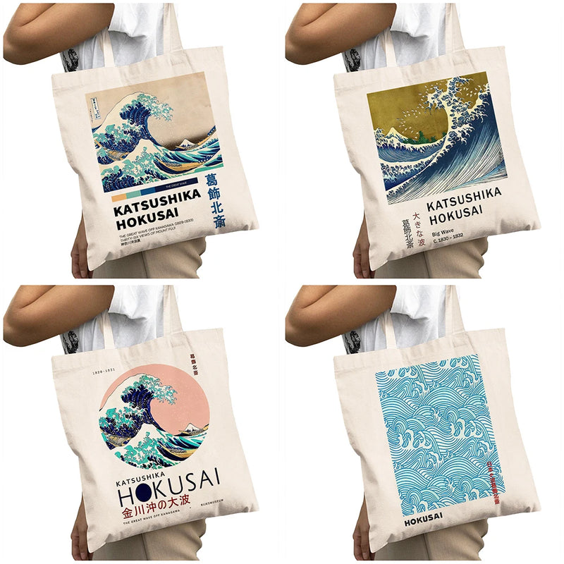 Great Wave Off Kanagawa Large Capacity Shopping Bags Women Shopper Bag Double Print Japanese Artwork Lady Shoulder Tote Handbag