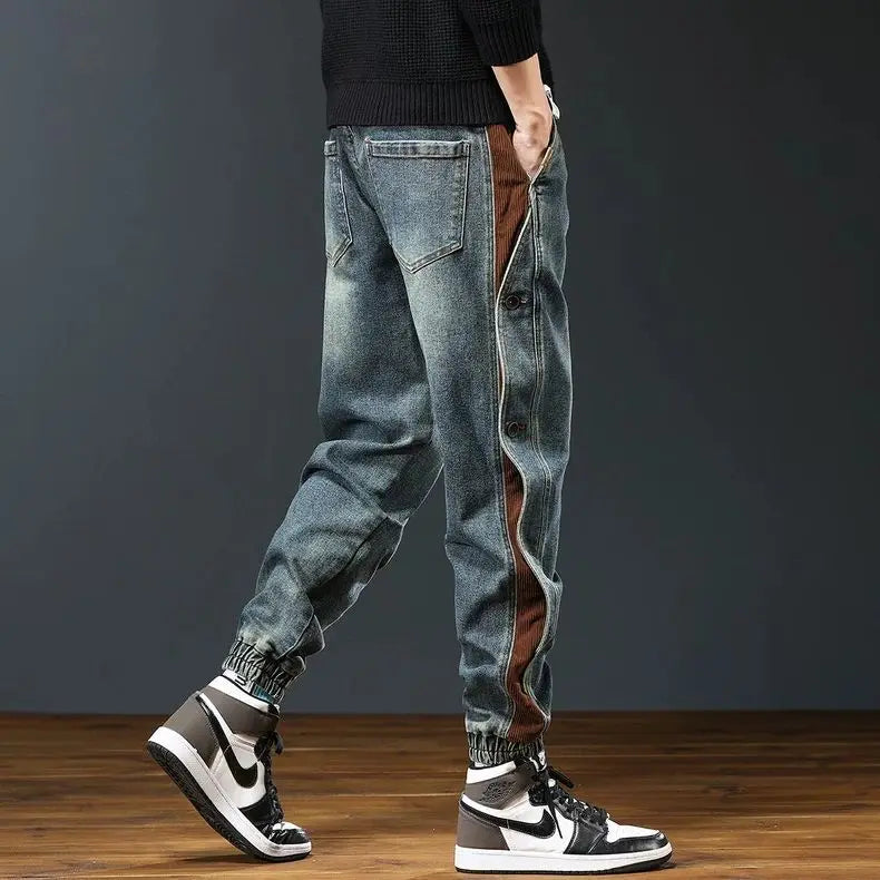 American Sle Spliced Work Pants Men's Loose Casual Cargo Jeans Long Trousers Spring Summer Autumn New Heavyweight Model