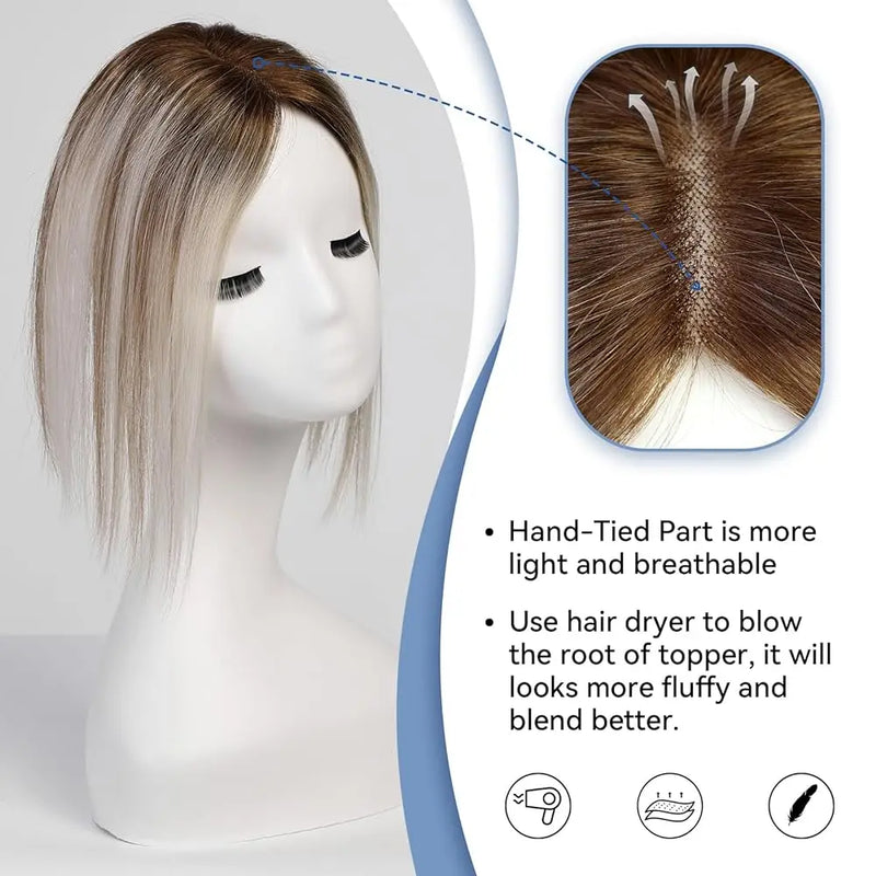 Toppers de cabelo humano 100% real para mulheres ombre marrom loiro topper de cabelo 3.5*4 polegadas base de renda clipe em extensões de cabelo para perda de cabelo