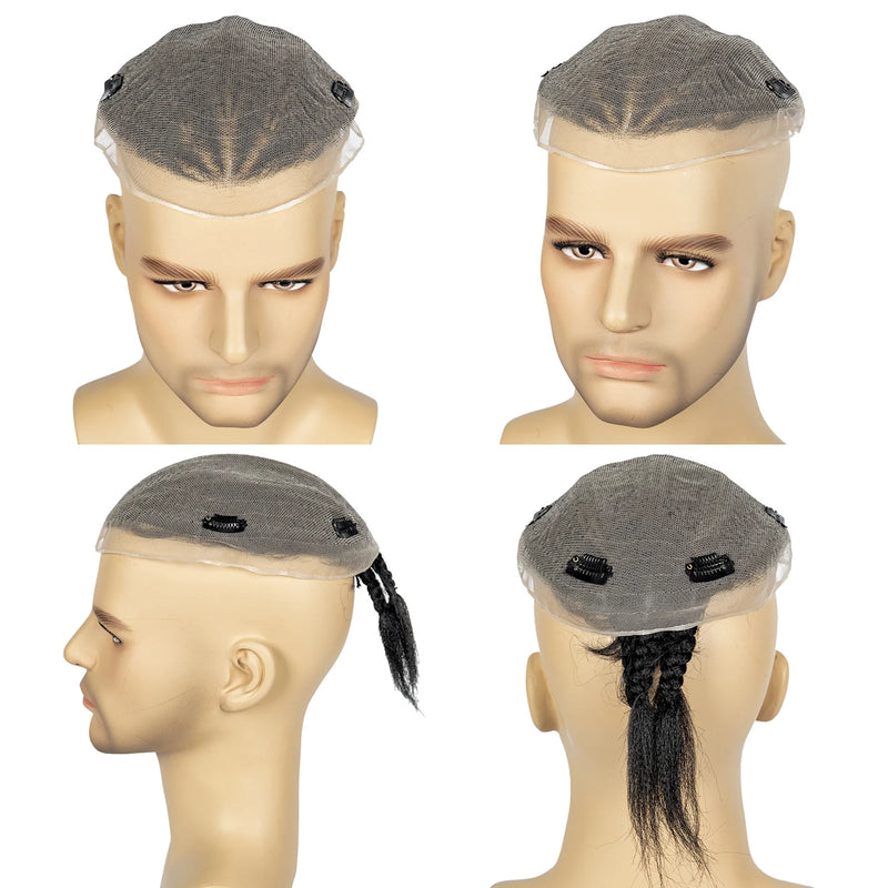 Men's Toupee Hair HD Full Lace Male Hairpieces with Cornrow Braids White Hair Reaplcement Synthetic Short Hair Topper for Men