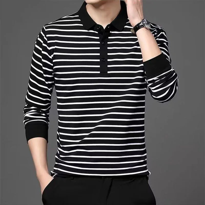 Fashion Men New Striped Polo Shirts Spring Autumn Long Sleeve Lapel Cotton Tee Shirt Male Clothes Casual Business T-Shirt 2022