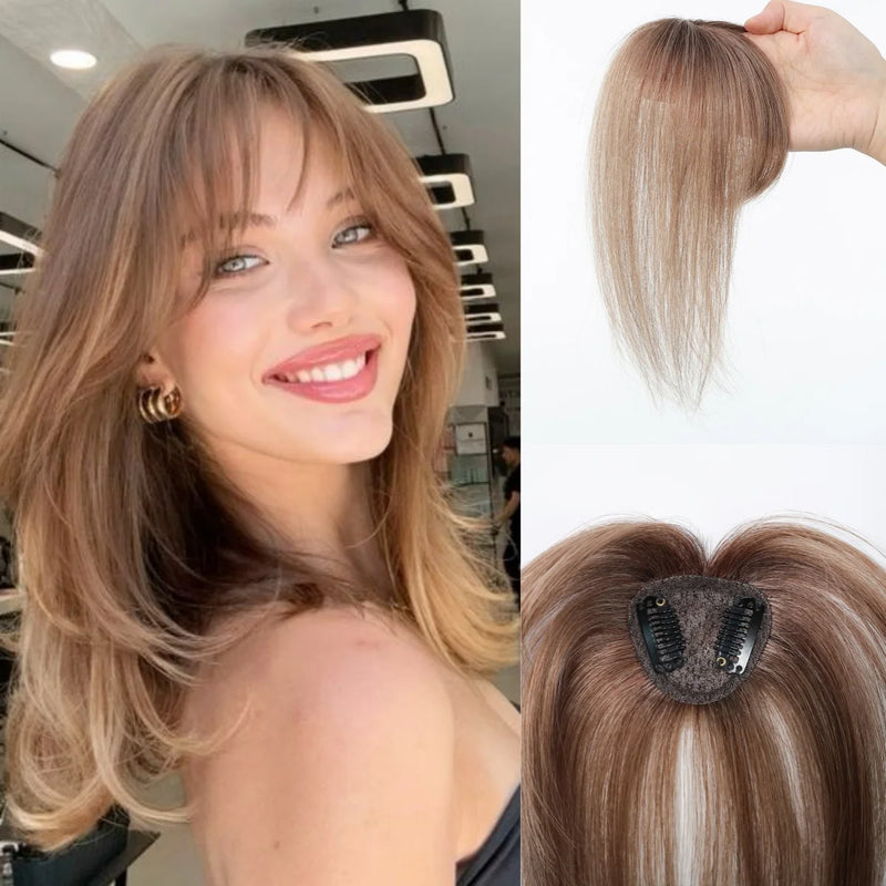 Topper de cabelo humano remy marrom escuro com franja de ar moda toppers de cabelo reto para mulheres uso diário clipe em extensões de cabelo