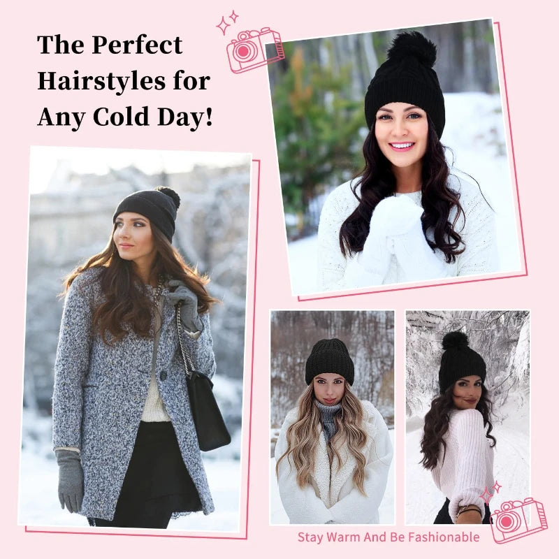Fashion Hat Wig Brimless Cap with Long Curly Wave Hair Extensions Knitted Synthetic Removable Hairs Piece for Women Winter Use