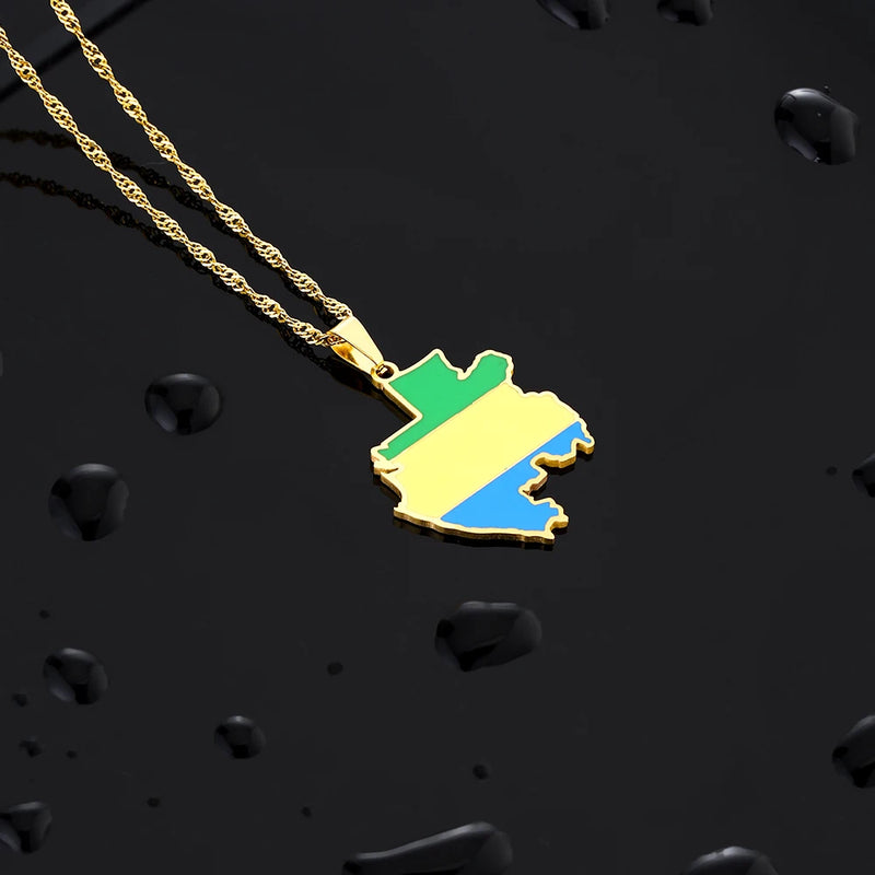 Fashion Enamel Drop Oil Gabon Map Flag Pendant Necklace For Women Stainless Steel Gabonaise Charm Jewelry Patriotic Gift