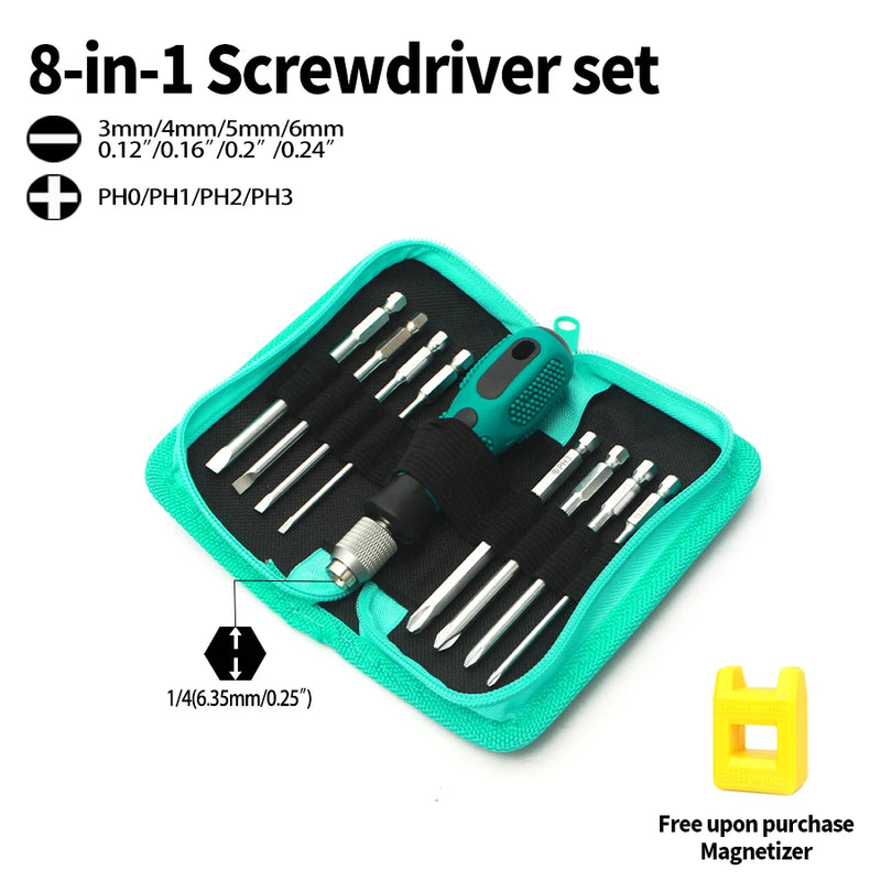 WEILIGU-Kit Chave de Fenda Magnética Portátil, Combinação Philips e Cabeça Chata, Saco de Lona, Ferramentas de Reparação Também Usadas, 8-em-1