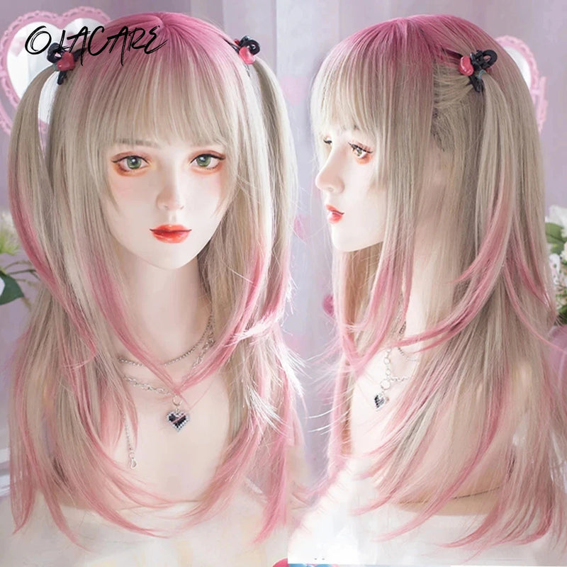 OLACARE  Synthetic Long Straight Lolita Wig with Bang Black Red Two-Tone Cosplay Party Halloween Christmas Wavy Curly Wig