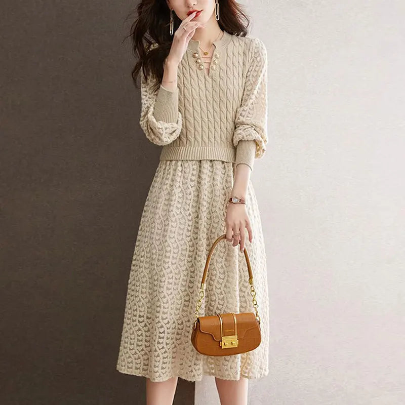 Fake Two Pieces Knitted Patchwork Midi Dress Female Clothing A-Line Waist Spring Autumn Commute Stylish Lace Hollow Out Dresses