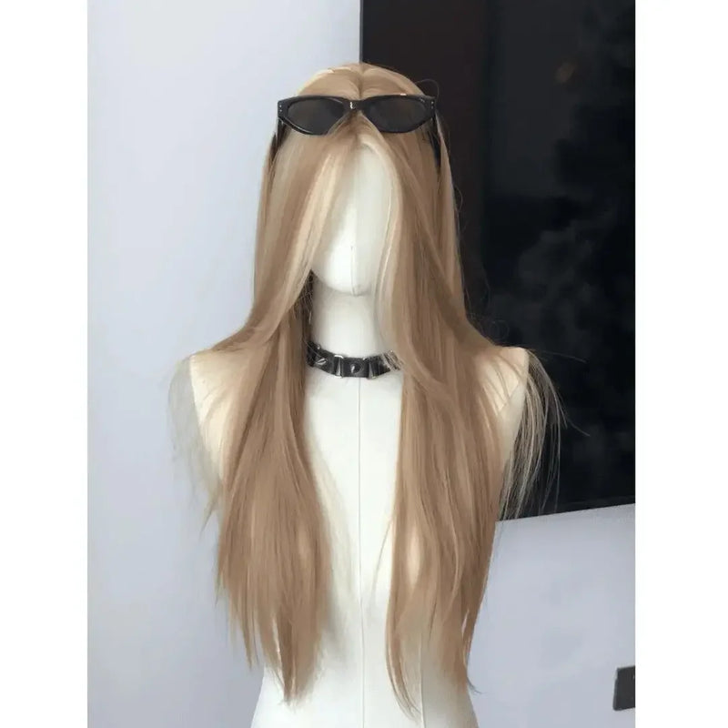 Asian Women's Gradient Highlighted Straight Hair Wig Front Lace American Retro Style Dyeing Chic Golden Brown Middle Part