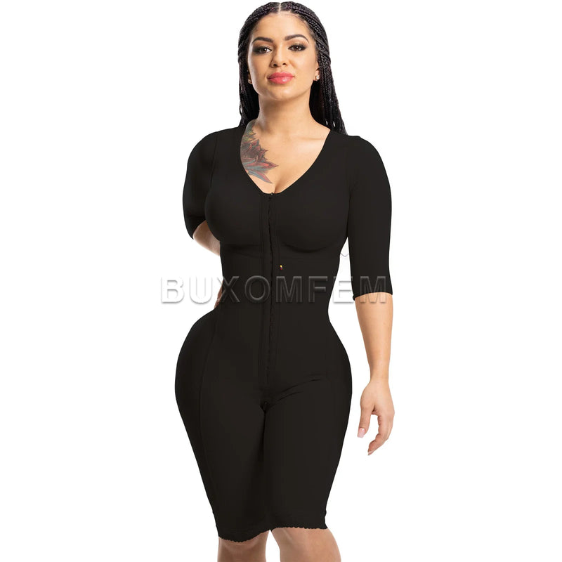 Seamless Faja with Sleeves & Bra Elastic Tight Push Up Complete Body Shaper Adjustable Bodysuits with Hook Eyes Shapewear Girdle