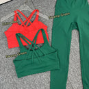 Estilo de natal 2 peças terno de yoga cor sólida ginásio conjunto de fitness cruz volta yoga topo pêssego bunda calças yoga pilates correndo terno