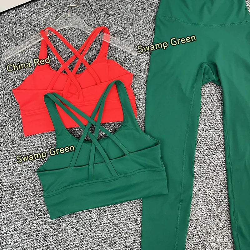 Estilo de natal 2 peças terno de yoga cor sólida ginásio conjunto de fitness cruz volta yoga topo pêssego bunda calças yoga pilates correndo terno