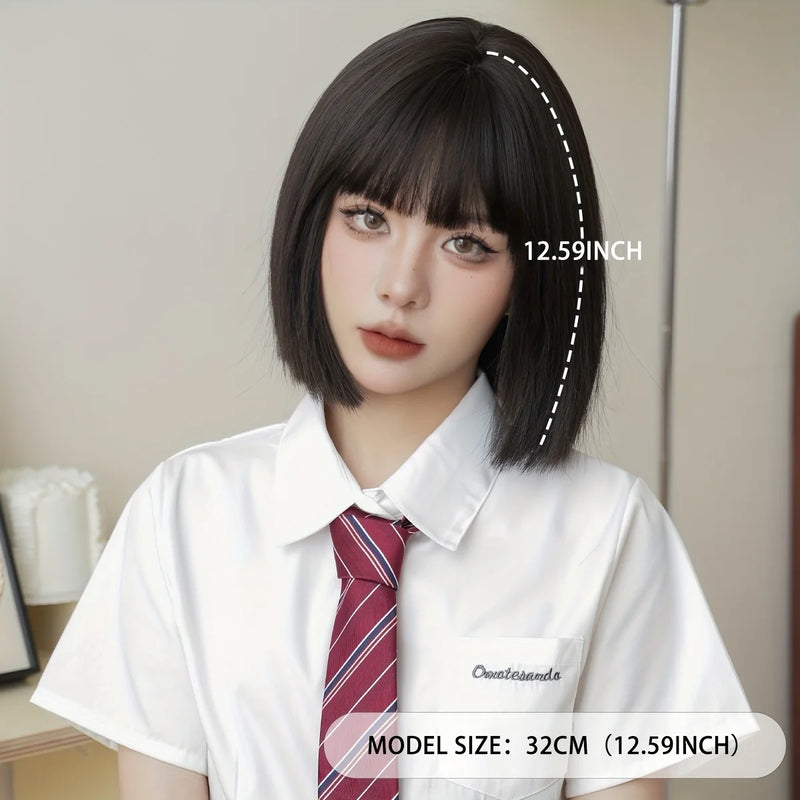 Routine Bob Wigs Short Straight Black Wig with Bangs High Density Synthetic Fluffy Bob Wigs for Women Girls Daily Use 12.59 Inch