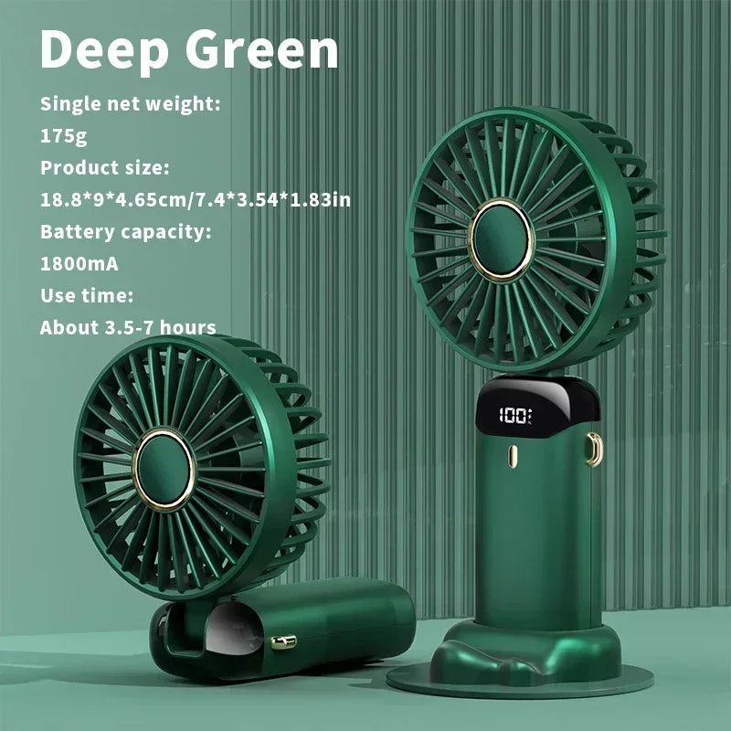USB Rechargeable Handheld Mini Fan Foldable Portable Fan 5 Speed Levels LED Display Dual Battery 360° Adjustable Home Travel Use