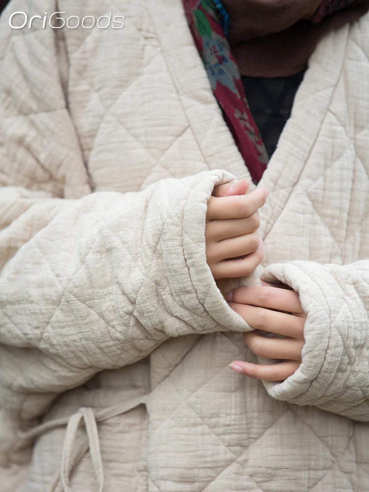 OriGoods Cotton Padded Kimono Jacket Women V-neck Warm Winter Kimono Coat Japanese Style Oversized Quilted Jakcets Woman B280