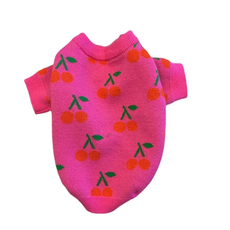 Pet High Collar Sweater Little Dog Christmas Clothes Diamond Grid Embroidered Cherry Sweater Christmas Small Dog Pet Clothes