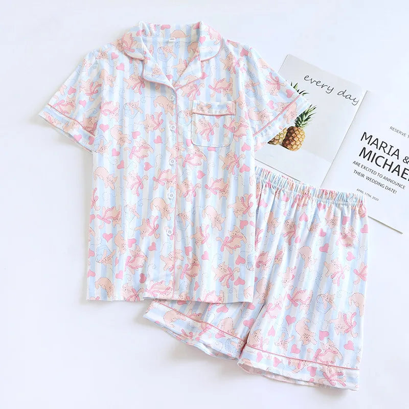 2025 Summer New Women's Pajama Set 100% Knitted Cotton Short Sleeve Shorts Two Piece Cardigan Solid Color Casual Large Homewear