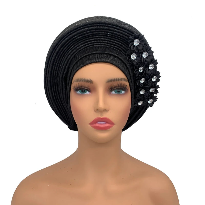 New African Headtie Turban Nigeria Head Ties with Flowers Already Made Auto Gele Women Head Wraps for Wedding Party